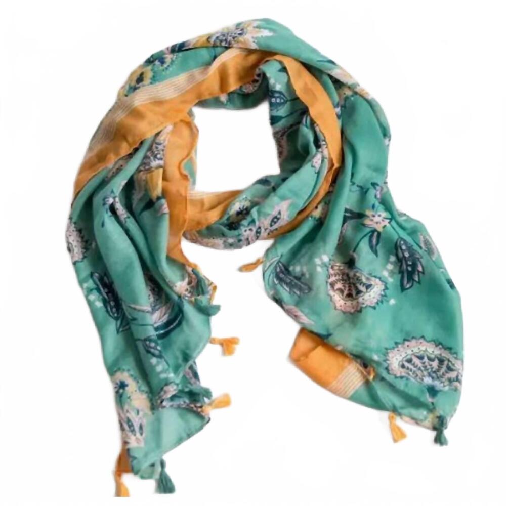 NEW FUNKY MONKEY women's cottage floral lightweight tassel scarf in turquoise &